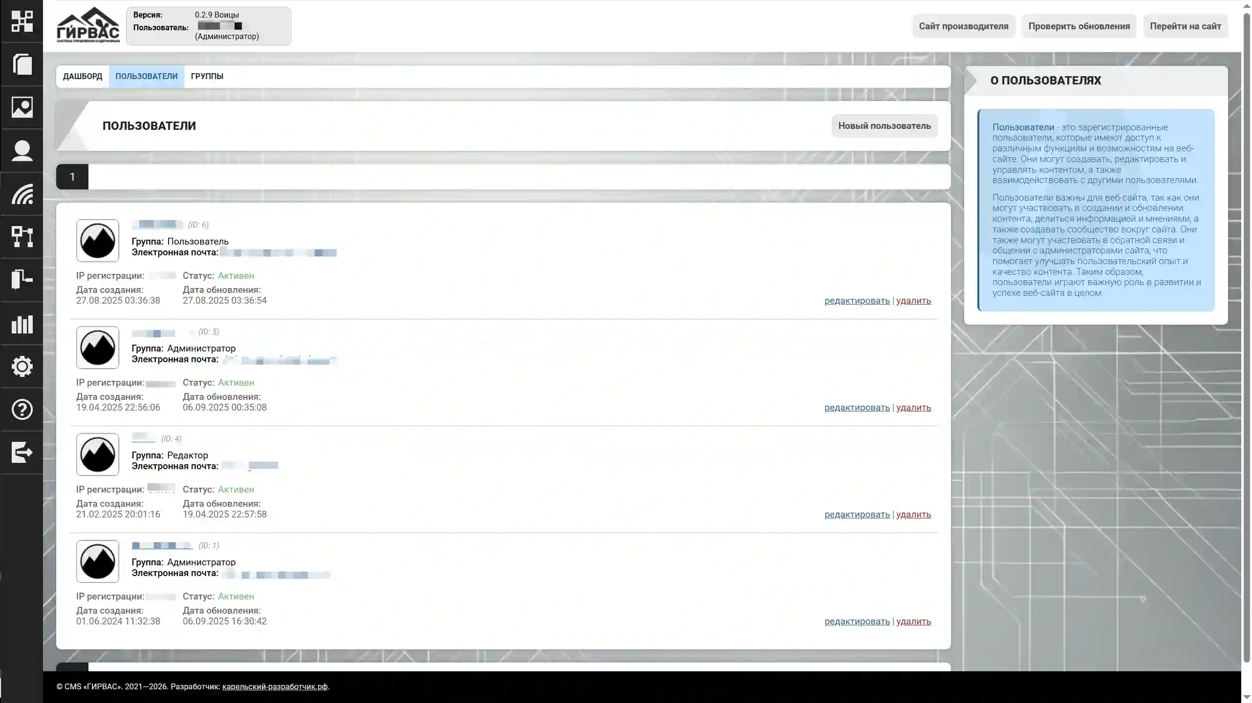 Управление пользователями через административную панель CMS «ГИРВАС»