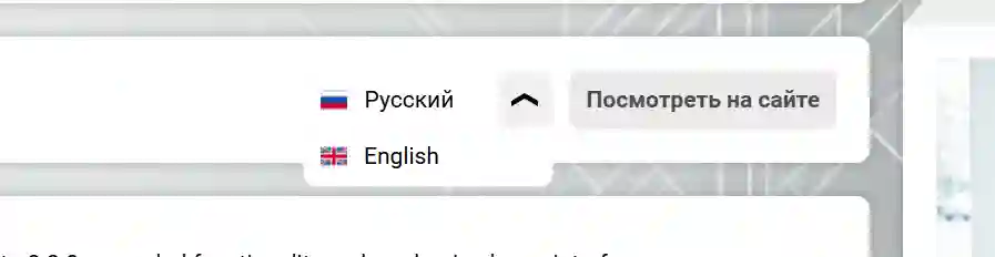 Выпадающее меню с локализациями записи в CMS «ГИРВАС» в верхней части инструментария